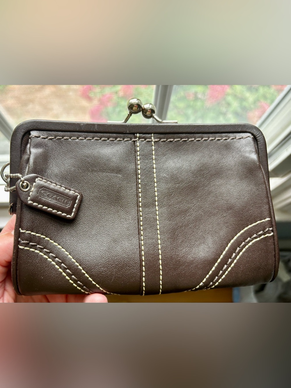 Coach Dark Brown Leather Kiss-Lock Wristlet Clutch